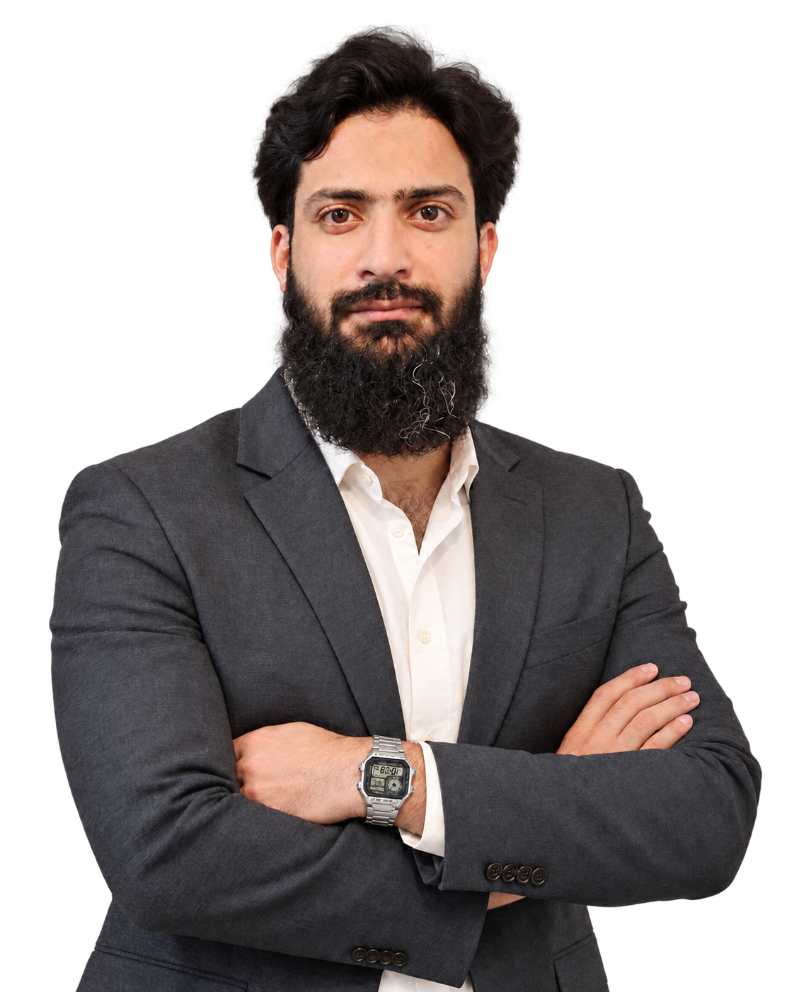 Tabish Ahmad Malik in a charcoal blazer with his arms crossed
